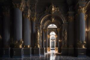guld och svart barock stil portal av en palats, kolonner interiör palats design, ai genererad foto