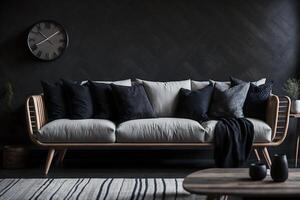 trä- soffa med mörk kuddar i scandi stil levande rum, ai genererad foto