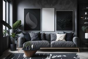 modern levande rum interiör design med elegant grå soffa, kuddar, golv, växter, trä- tabell, lampa, och bra design tablå, ai genererad foto
