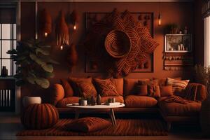 Hem interiör med etnisk boho dekoration, levande rum i brun värma Färg, 3d framställa, ai genererad foto