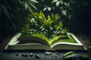 ett öppen grön bok har skog hemligheter, en bok av de djungel, ai genererad foto