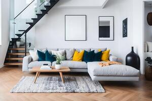 bekväm mjuk soffa med dekorativ kuddar i rymlig modern levande rum med parkett golv och vit väggar nära trappa i dagsljus, ai genererad foto
