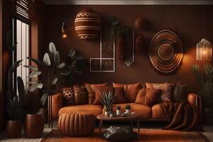 Hem interiör med etnisk boho dekoration, levande rum i brun värma Färg, 3d framställa, ai genererad foto