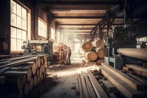 träbearbetning sågverk produktion och bearbetning av trä- styrelser i en modern industriell fabrik hopsättning linje i produktion. neuralt nätverk genererad konst foto