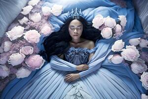 fantasi kvinna sovande skönhet lögner sömn med blommor. neuralt nätverk ai genererad foto