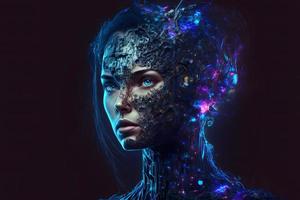 modern trogen kvinna humanoid robot porträtt med teknologi detaljer på ansikte. neuralt nätverk genererad konst foto