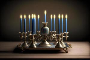 hanukkah menora på jewish traditionell festlig tabell. neuralt nätverk genererad konst foto