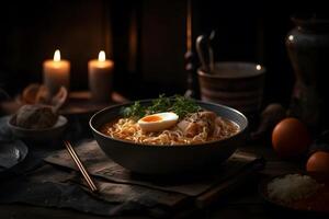 japansk Ramen soppa med kyckling, ägg, gräslök och gro på mörk trä. neuralt nätverk ai genererad foto