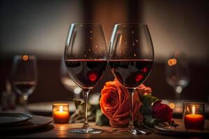 glasögon av röd vin i en restaurang. romantisk middag. neuralt nätverk ai genererad foto