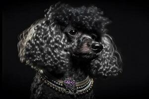 porträtt av en pudel hund på en svart bakgrund. neuralt nätverk ai genererad foto
