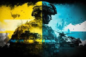militär soldat på de bakgrund av de ukrainska flagga. neuralt nätverk ai genererad foto