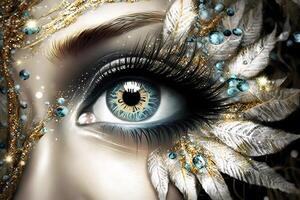 kvinna ögon med skön glitter smink. neuralt nätverk ai genererad foto