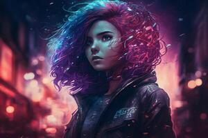 en skön cyberpunk flicka står mot de bakgrund av de natt stad av de framtida. cyberpunk begrepp. neuralt nätverk ai genererad foto