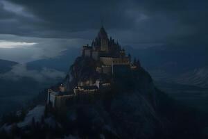 landskap med gammal slott på natt. neuralt nätverk ai genererad foto