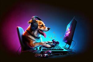 hund som video spel leva ström gamer använda sig av pc dator för underhållning. neuralt nätverk genererad konst foto