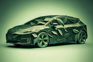 begrepp av en ekologi bil tillverkad från grön löv. neuralt nätverk ai genererad foto