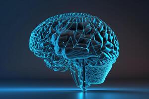 mänsklig hjärna form av ett artificiell intelligens med linje prickar på mörk blå Färg bakgrund. digital teknologi hjärna begrepp. neuralt nätverk ai genererad foto