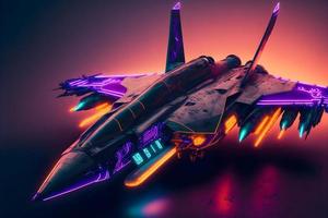 modern trogen jagare jet i neon lysande ljus. neuralt nätverk genererad konst foto