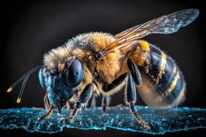 honung bi med vatten droppar närbild. neuralt nätverk ai genererad foto