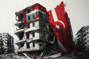 konceptuell illustration av flervåningshus byggnad skadad i de jordbävning med stor Kalkon flagga. neuralt nätverk genererad konst foto
