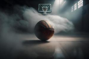 basketboll på domstol golv stänga upp med suddig arena i bakgrund. neuralt nätverk genererad konst foto