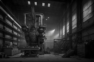 metall tillverkning fabrik byggnad med maskineri i dagtid. neuralt nätverk genererad konst foto