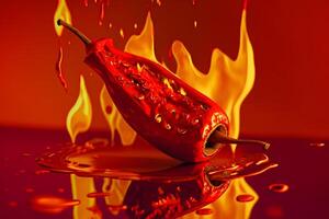 färsk röd chili peppar i brand som en symbol av brinnande känsla av kryddad mat och kryddor. röd bakgrund. neuralt nätverk ai genererad foto