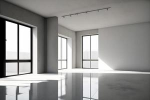 ljus vit rum med stor fönster absolut tömma utan möbel. neuralt nätverk genererad konst foto
