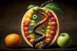 gmo mat och genetiskt ändrad gröda eller konstruerad lantbruk begrepp frukt och grönsaker. neuralt nätverk genererad konst foto