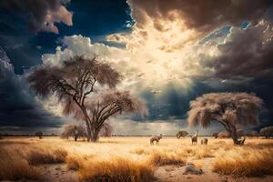 soluppgång över de savann och gräs fält i söder afrika med molnig himmel. neuralt nätverk ai genererad foto