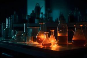 medicin och biologisk eller kemisk forskning, fortfarande liv, neon belysning. neuralt nätverk ai genererad foto