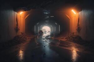 postapokalyptisk tunnel efter regn med orange radioaktiv damm. neuralt nätverk ai genererad foto