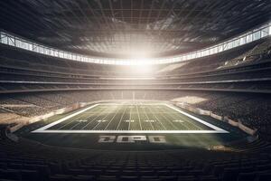 3d amerikan fotboll stadion återges i ljus strålar. ai genererad foto