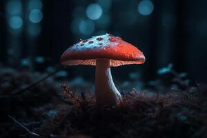 lysande röd mystisk svamp. ai genererad foto