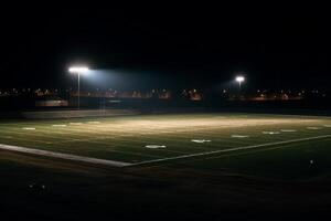 belyst fotboll fält Allt natt. ai genererad foto