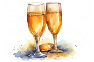 vattenfärg illustration av två glasögon av champagne isolerat på vit. ai genererad foto
