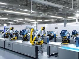 modern hög tech industriell robot ärm på de fabrik produktion linje produktion linje är varelse svetsade. generativ ai. foto