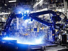 modern hög tech industriell robot ärm på de fabrik produktion linje produktion linje är varelse svetsade. generativ ai. foto