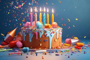 3d återges baner terar en färgrik födelsedag kaka med ljus strössel och konfetti ai genererad foto