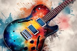 färgrik gitarr på vattenfärg målning bakgrund med digital borsta illustration. ai genererad foto