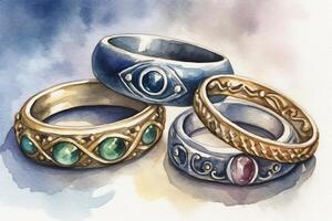ritad för hand vattenfärg bröllop ringar. ai genererad foto