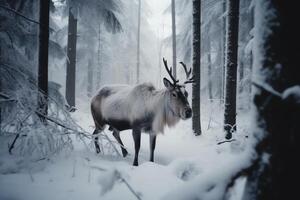 magisk ren förlorat i snöig skog jul Semester ai genererad foto