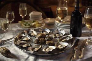 ostron och vin på en livlig skaldjur restaurang. ai genererad foto