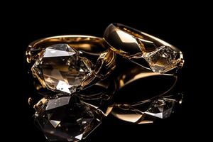 två trasig guld bröllop ringar symboliserar skilja parade med knäckt is betecknande förstörelse. ai genererad foto