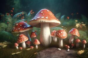3d illustration av svamp och paddsvampar. ai genererad foto