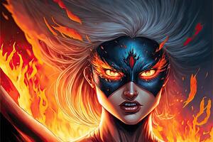 en superhjälte kvinna med vit hårstrån och vingar, flammande ögon, omringad förbi brand och lågor, läder mask illustration ai genererad foto