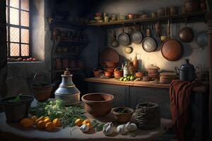 fortfarande liv av en kök med grönsaker och verktyg, illustration ai genererad foto