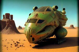 ett gammal utomjording rymdskepp i de öken- illustration ai genererad foto