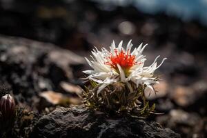 de edelweiss blomma växer på ett av de planeter i Plats var där är Nej liv, återhämtning av de planet efter de apokalyps, generativ ai. foto