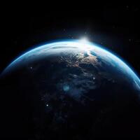 se av blå planet jord i Plats, jordens atmosfär och svart Plats runt om, generativ ai. foto